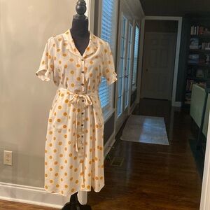 Monteau of Los Angeles short-sleeve w/ ruffle, polka-dot midi summer dress.